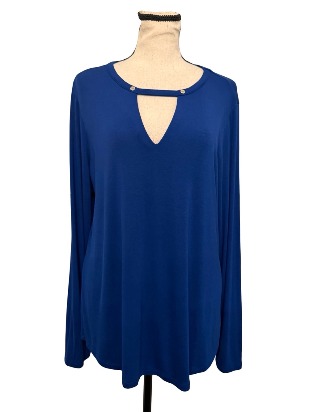 Michael Kors Blue Keyhole Long Sleeve Top Size Large Studded Neckline